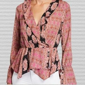 BCBGMaxAzria Black Combo Long Sleeve Surplice Woven Top Size Medium